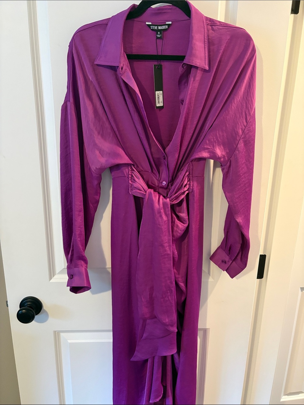 Steve Madden Sula Satin Tie-Waist Shirt Dress